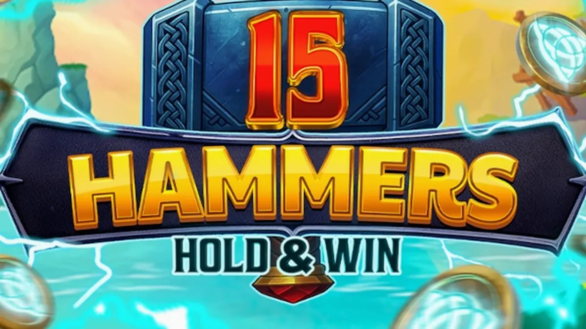 Tampilan visual slot 15 Hammers: Hold & Win dengan latar belakang bertema palu